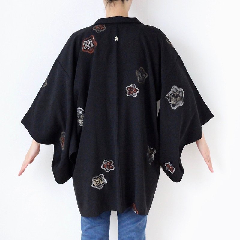 glitter floral kimono, Japanese silk haori, kimono jacket, short kimono /3657 - ジャケット - シルク・絹 ブラック