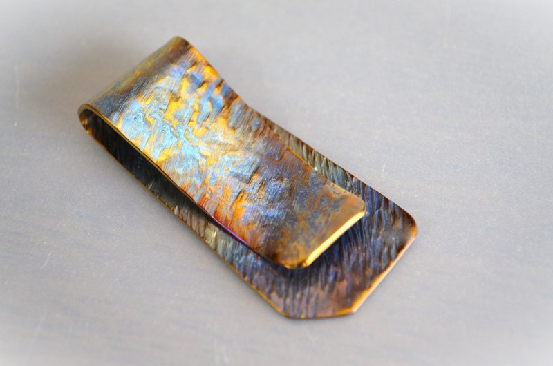 Titanium money clip・純チタンマネークリップ・青金裏木目AA・５2mm - 皮夾/長短夾/錢包 - 其他金屬 多色