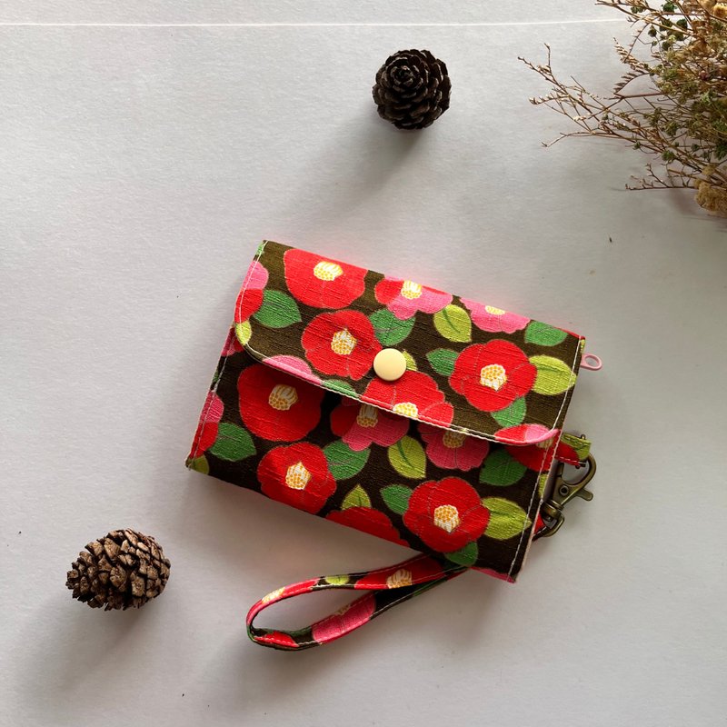 Three-layer coin purse, short clip, card holder, zipper bag with long wrist strap, Ribu Camellia - Coin Purses - Cotton & Hemp Red