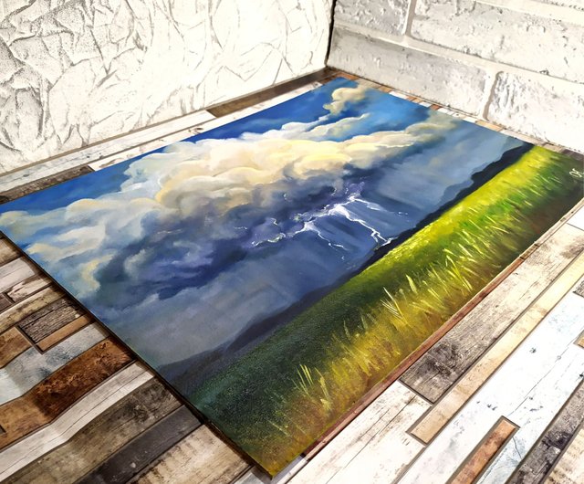 手繪油スケッチ 風景画 雨の油絵 フィールドウォールアート 原画