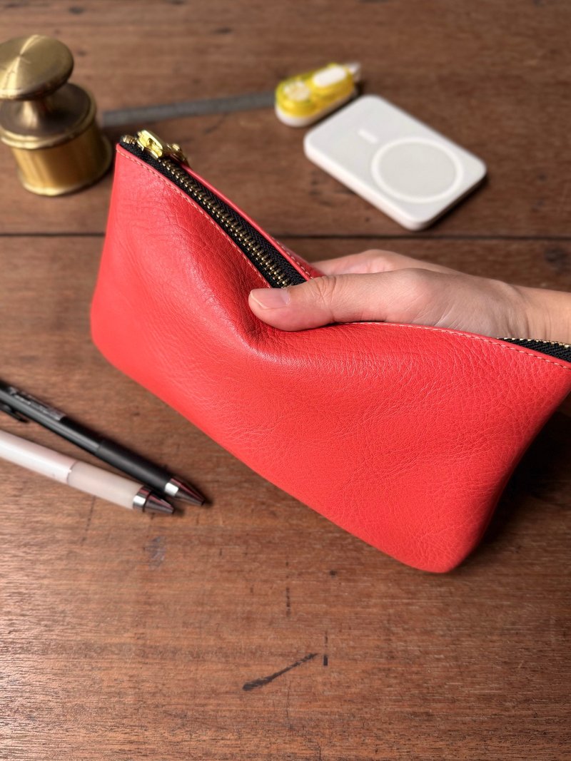 Large Capacity Bill Pouch | Coral Orange | Pencil Case | Organizer | Travel Currency Holder - กระเป๋าสตางค์ - หนังแท้ สีส้ม
