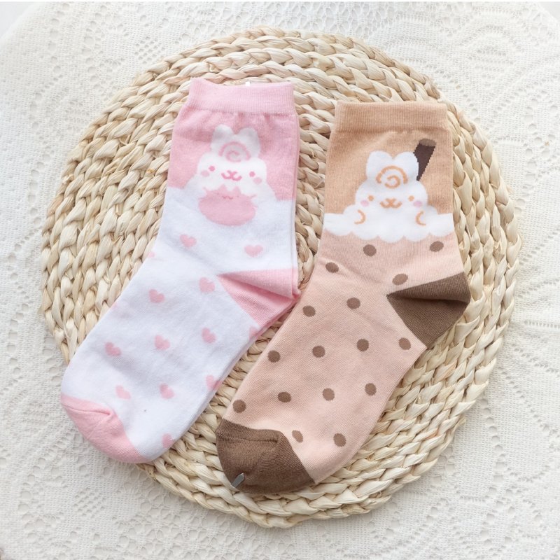 Flower Socks | Pearl Milk Tea & Strawberry Milk Cover | Japanese Cute Bunny | Made in Taiwan | - Socks - Cotton & Hemp Brown