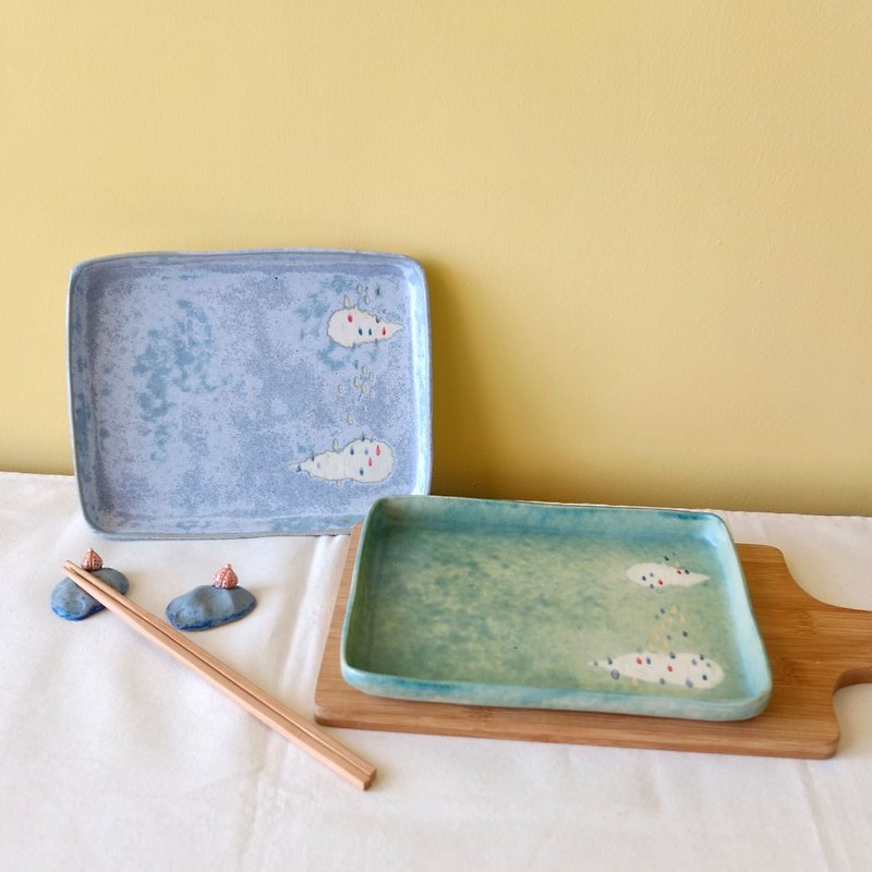 Rain clouds drip drip ceramic square plate / dessert plate / plate (lake green / blue) manual limit - Small Plates & Saucers - Pottery 
