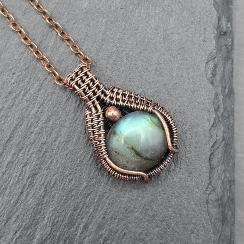 拉長石 造舊銅線吊墜 金屬繞線 - 項鍊 - 銅/黃銅 綠色