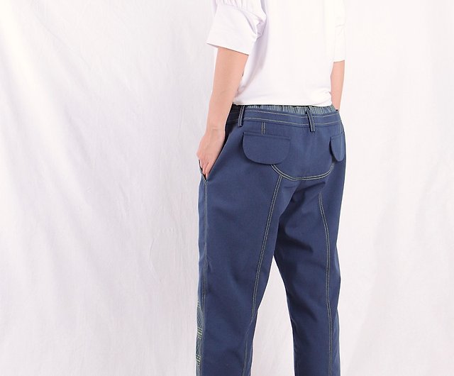 Dark blue / waist stitching / semi-circular pocket trousers