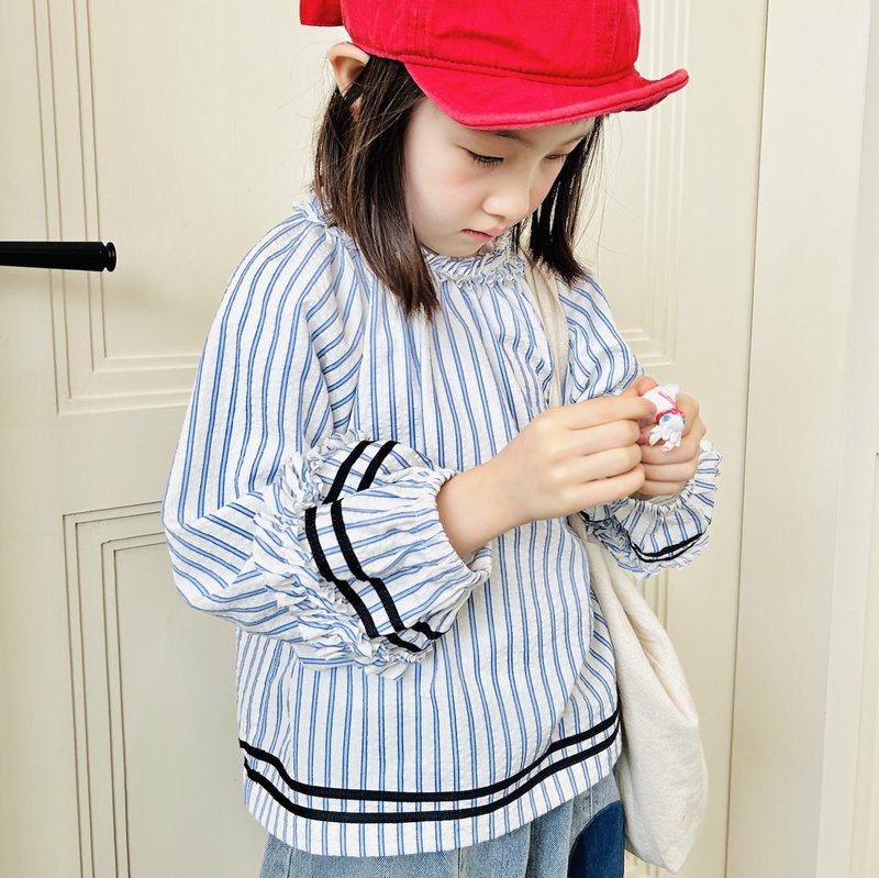 Blue striped lace collar cotton top/children's clothing - เสื้อยืด - ผ้าฝ้าย/ผ้าลินิน สีน้ำเงิน