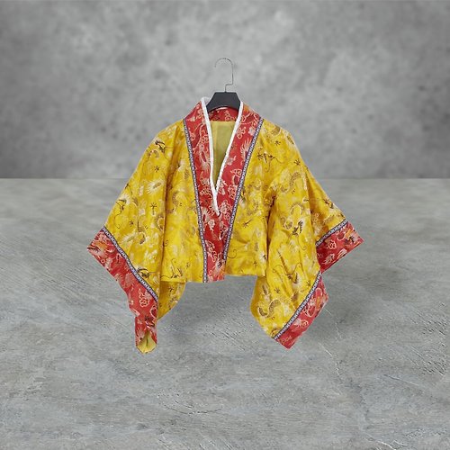蘿綺莉蕾芭索 二手 黃紅配色 緞面 刺繡緹花 寬袖 中短版 輕薄 外套 OPD411
