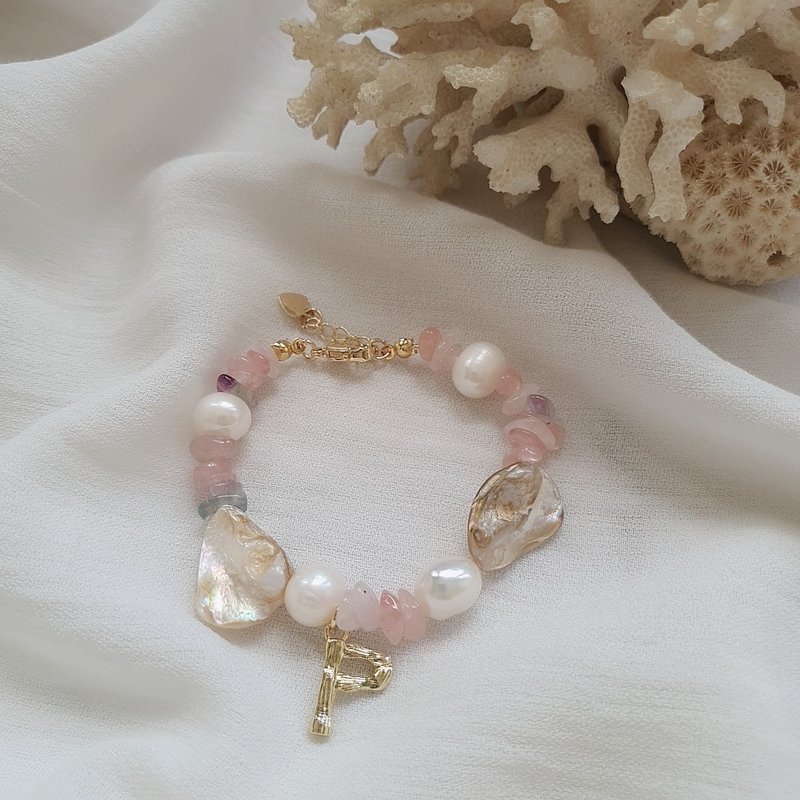 Madagascar Rose Quartz | Personalized Bracelet With 14K Gold Letter - 手鍊/手環 - 寶石 多色