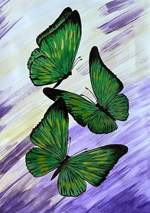 vernissage-VG-galery Green butterflies in a lilac-yellow mist. Watercolor.
