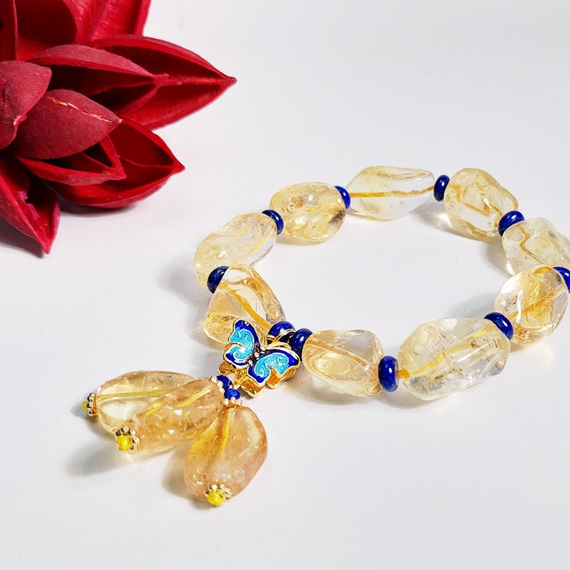 天然黃水晶 青金石 琺瑯 蝴蝶 福氣 招財 開運 手鍊 單品 禮物 - 手鍊/手環 - 寶石 黃色