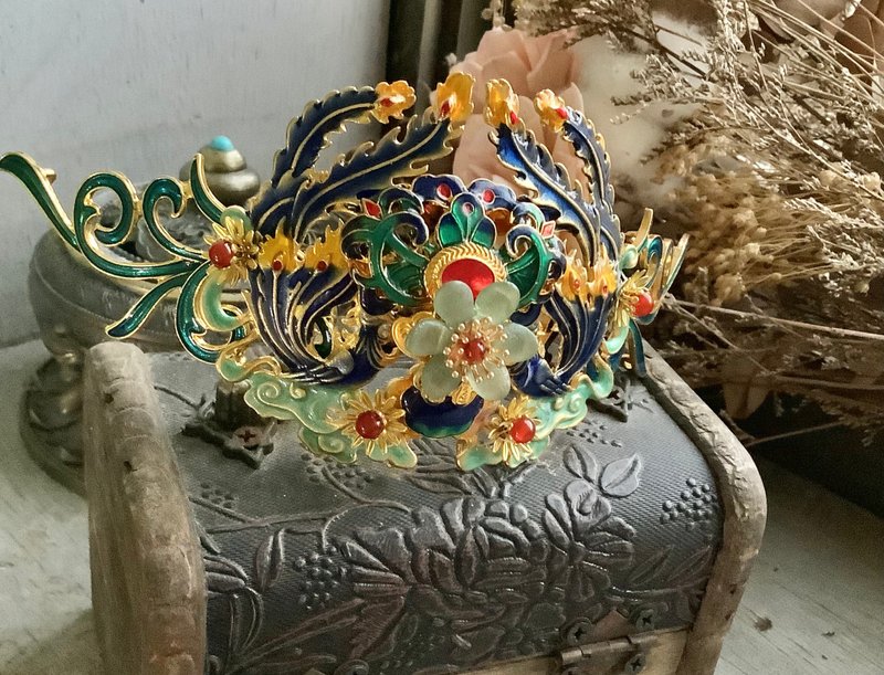 喵手作~雙鳳髮冠/金 - 髮圈/髮夾 - 其他材質 藍色