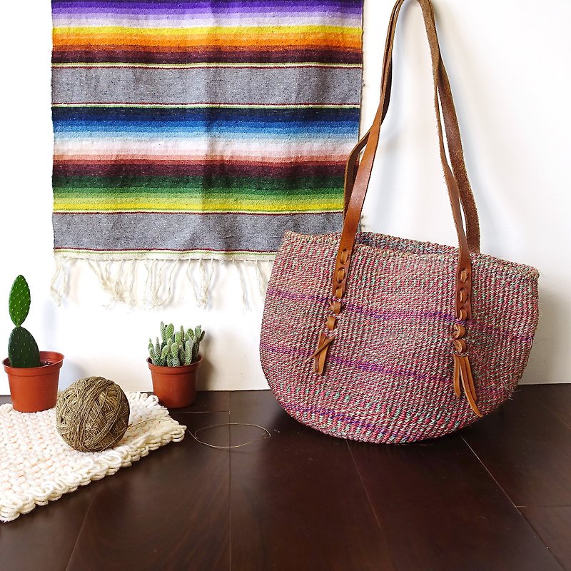 BajuTua / vintage / pink striped hand-woven bag Kenya - Large - Messenger Bags & Sling Bags - Cotton & Hemp Pink