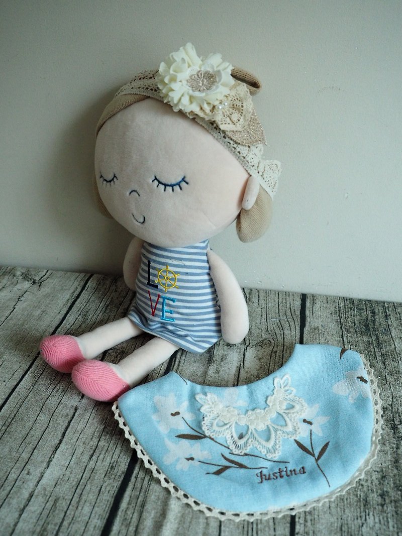 優雅粉藍小白花 嬰兒小童刺繡圍兜口水肩彈性髮帶套裝 彌月禮物 - 滿月禮物 - 棉．麻 藍色