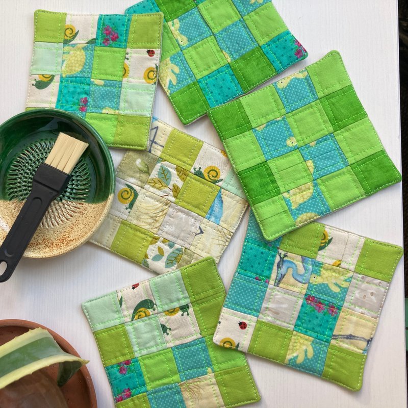 Set of coaster 6 Linen-cotton coasters set 11.5 x 11.5 cm - 杯墊 - 亞麻 綠色