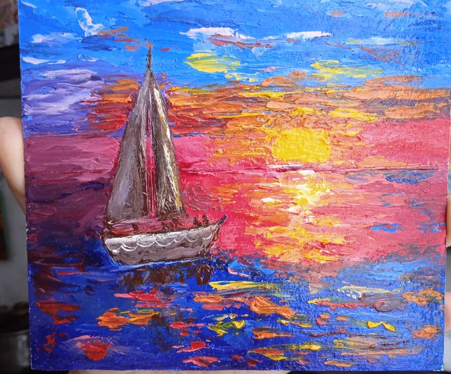 日没時の海のヨットのある風景オリジナルの油絵インパストアート
