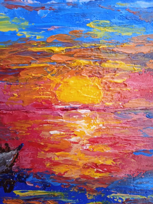 日没時の海のヨットのある風景オリジナルの油絵インパストアート