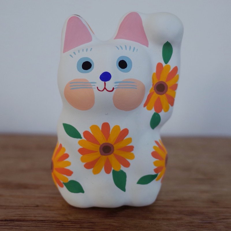 招き猫　ひまわり柄　左手招き - 玩偶/公仔 - 紙 白色