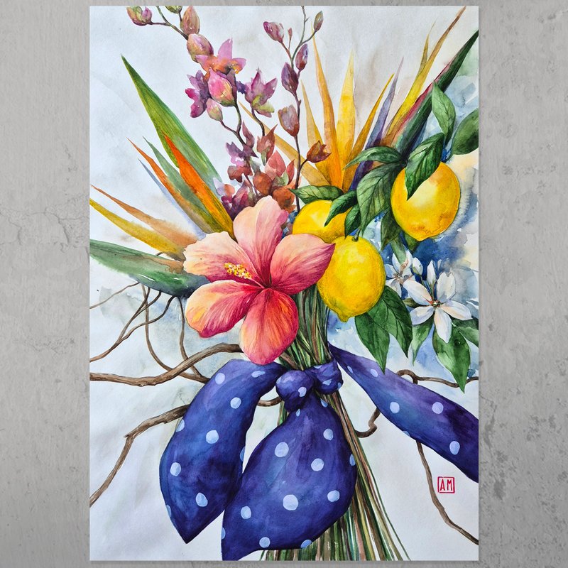 Watercolor bouquet of tropical flowers and lemons - 壁貼/牆壁裝飾 - 紙 多色