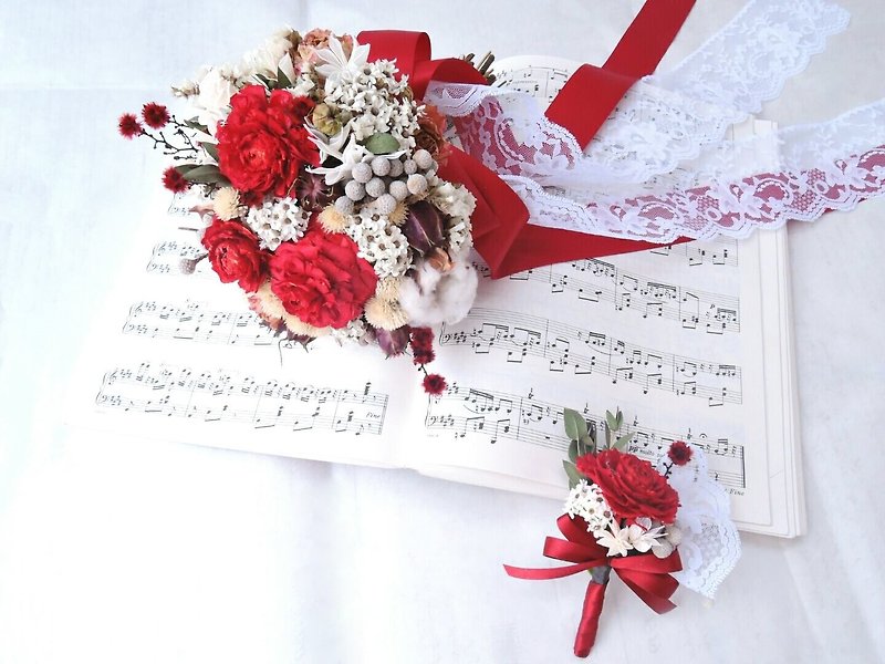 [Cham] dried red bless the bride's bouquet - ตกแต่งต้นไม้ - พืช/ดอกไม้ สีแดง