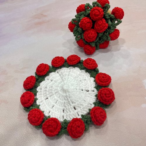 コースターバラ売り バラの鉢植えかぎ針編みコースター - ショップ bujasa