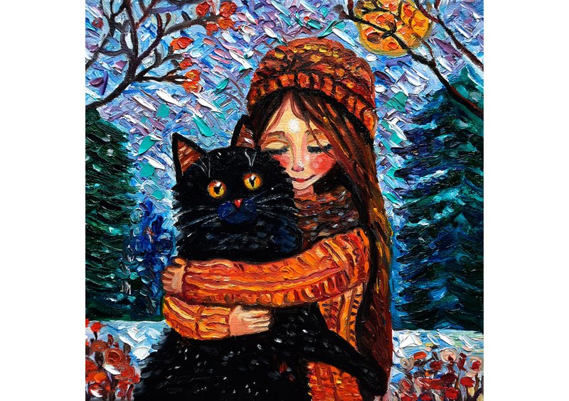 原創畫Black Cat  and Girl Art  Original Painting Oil Painting  Oil On Canvas - ตกแต่งผนัง - วัสดุอื่นๆ สีดำ