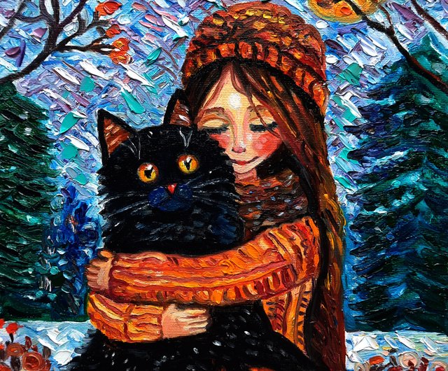 絵画。原画☆キャンバス F10【夜、黒猫が星を抱いて願い事をする】