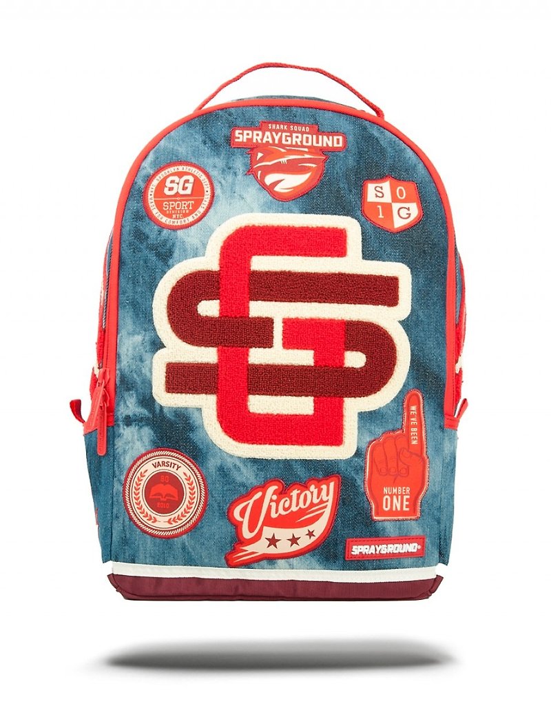[SPRAYGROUND] DLX series Acid Denim Varsity complex Gu Danning campus after the tide laptop backpack - Laptop Bags - Other Materials Multicolor