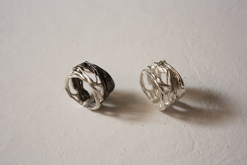 H DES 925純銀做舊個性纏繞肌理鏤空寬款開口戒指