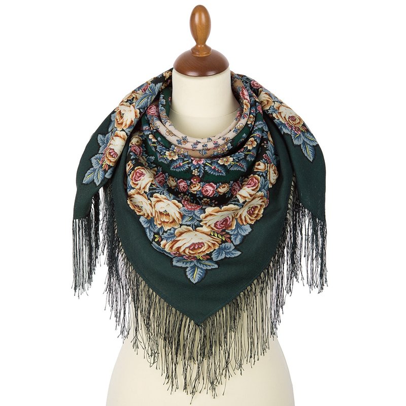 Authentic Pavlovo Posad Russian Shawl Scarf Soft 100% Wool 89x89 cm 1837-9 - Scarves - Wool Green