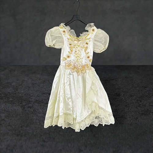 蘿綺莉蕾芭索 米白色 手工訂製 網紗 珠飾 亮片 蕾絲 泡袖 禮服 洋裝 PMF17