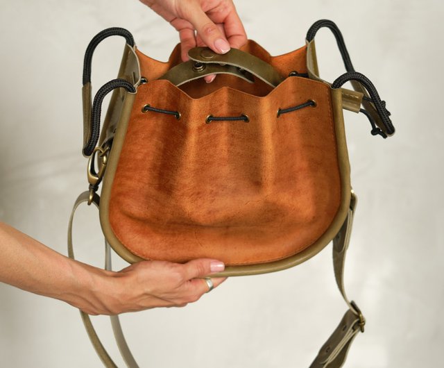 Leather bucket bag small size olive+brown color - Shop