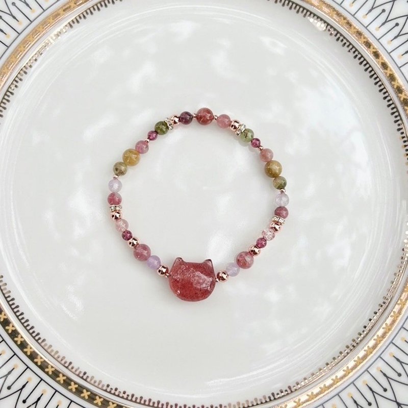 [Rainbow Cat] Tourmaline Cat Head Bracelet - สร้อยข้อมือ - คริสตัล 