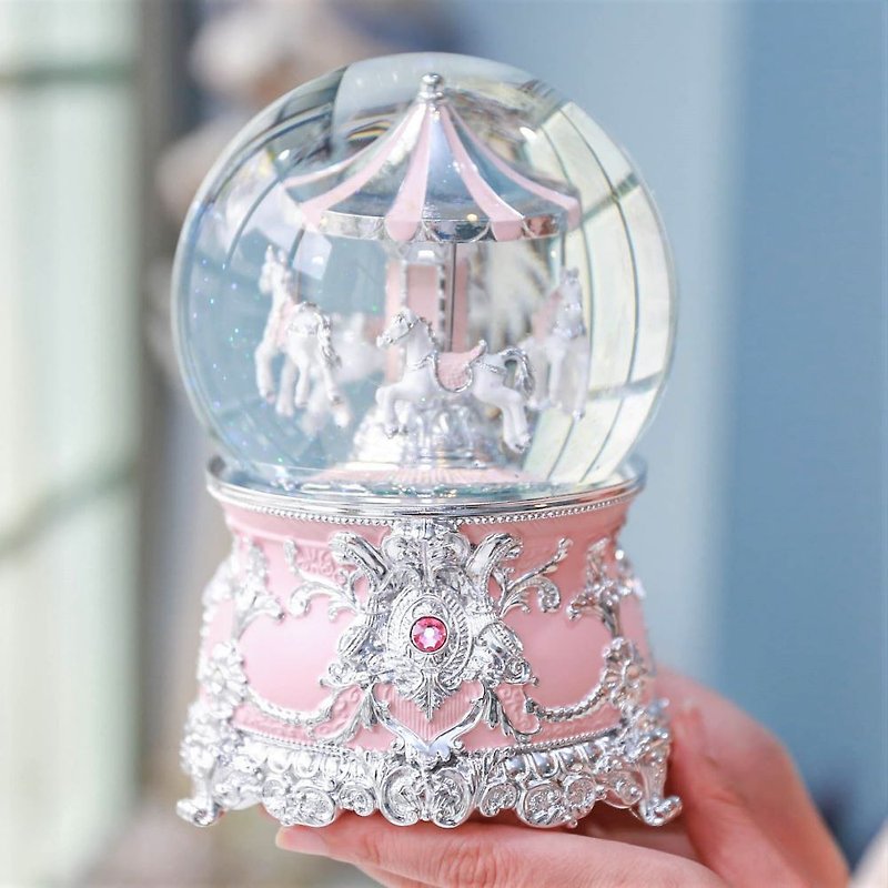 Pink Amusement Horse Crystal Ball Music Box Birthday Valentine's Day Miyue Christmas Gift Sky City Carousel - Items for Display - Glass Pink