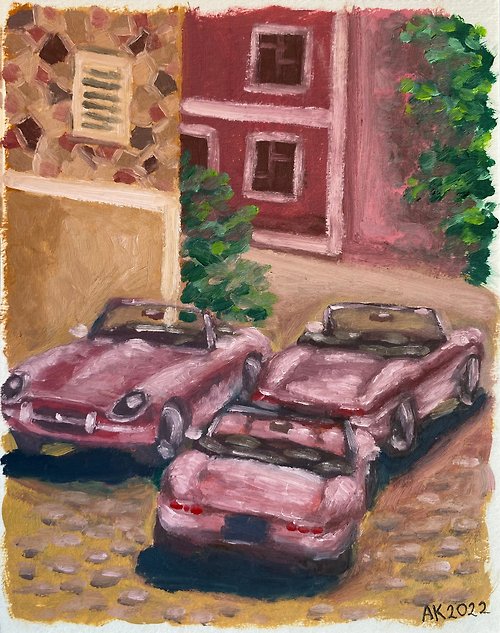 Anastasia Art - 独特的工艺 Pink Trinity oil painting, European city, Jaguar, classic car illustration, art