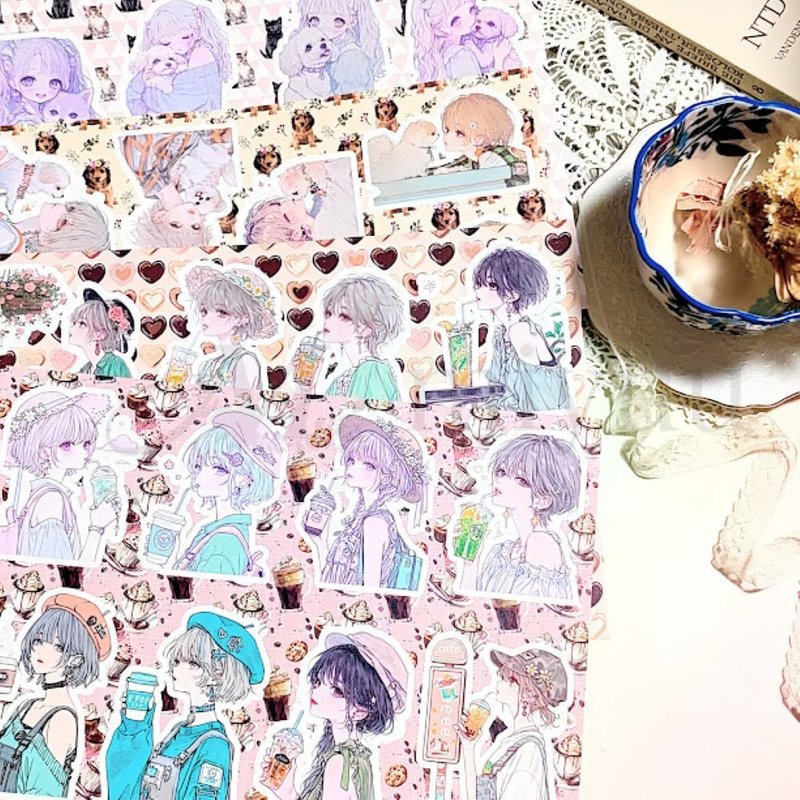コラージュシート 素材紙 a4デザインペーパー 人物 女の子 Tomomi様 コラボ ネコ 犬 カフェ デザインペーパー セット a4 コラージュ素材 紙もの - 木工/竹藝/紙雕 - 紙 藍色