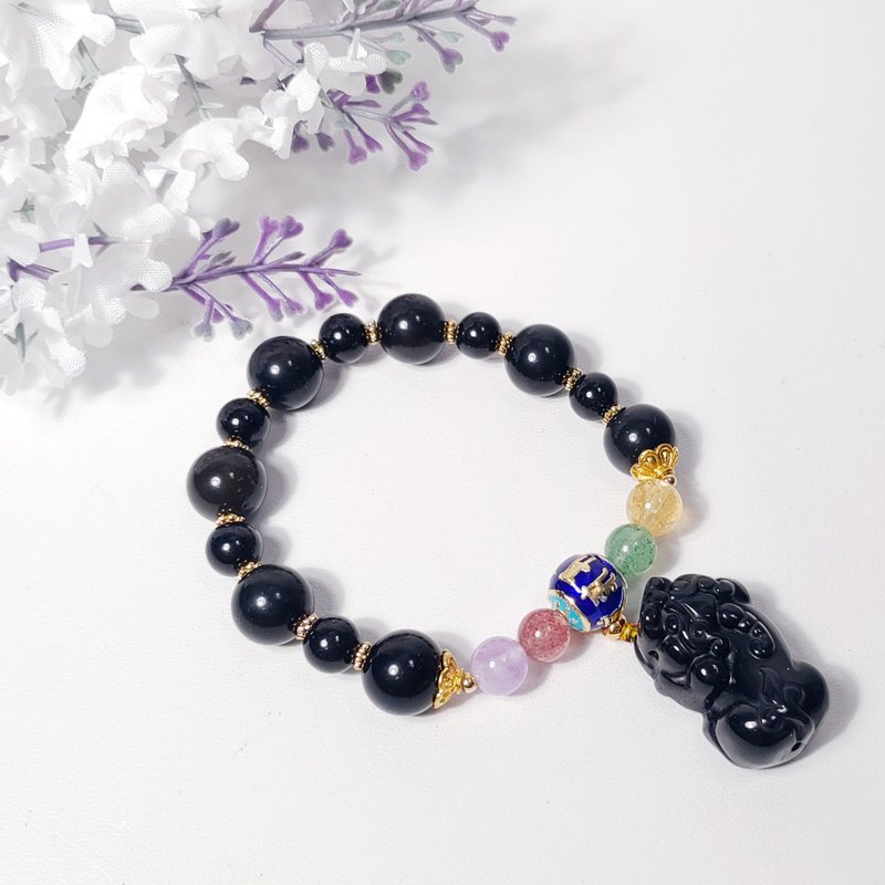 頂級黑曜石 貔貅 彩虹七脈輪 招財 六字真言 琺瑯 手鍊 單品 禮物 - 手鍊/手環 - 寶石 多色