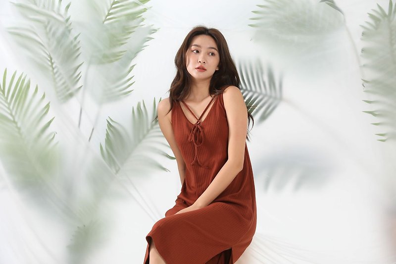 Wood Colour A-line Maxi Dress with pads - One Piece Dresses - Polyester Brown