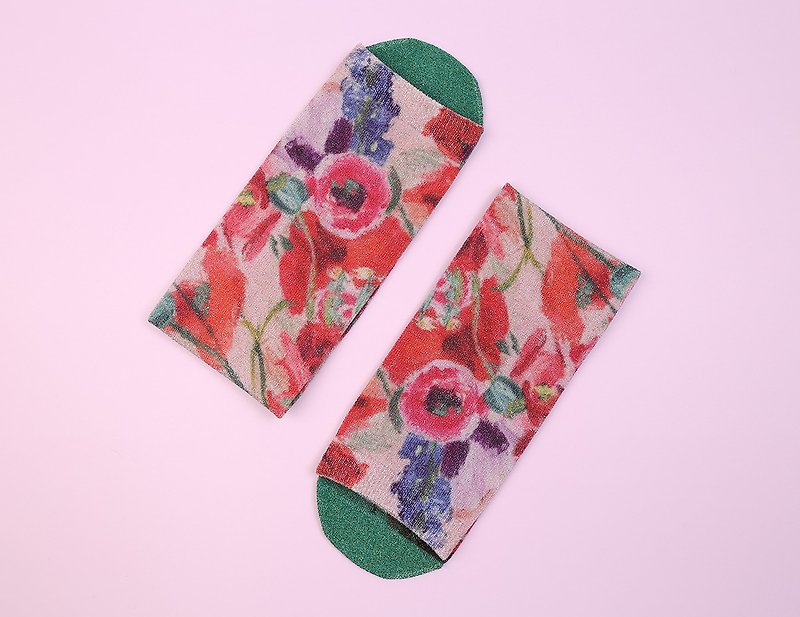 NoMatch不適切なデザイン赤い花の茂み油絵花柄シルバーストッキングチューブの薄い靴下 - ソックス - ポリエステル ピンク
