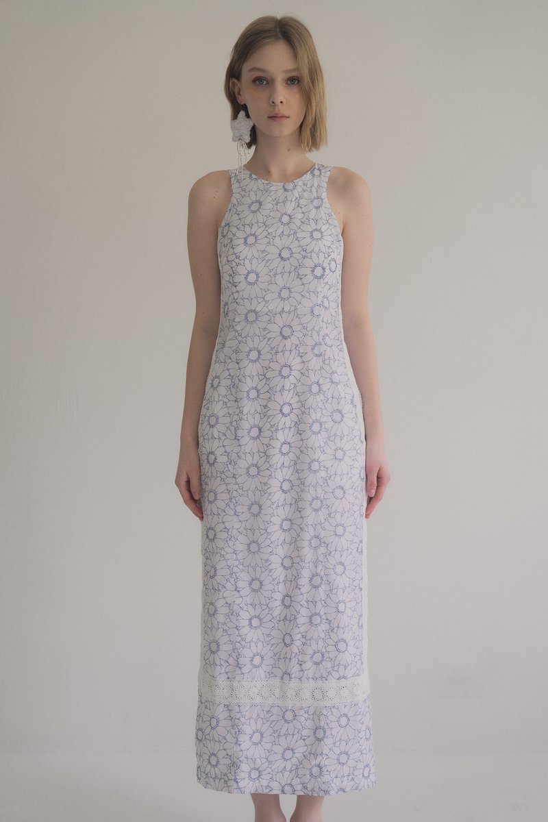 floral lace open back dress 蕾絲挖背洋裝  sky blue 天空藍 - 洋裝/連身裙 - 其他材質 多色