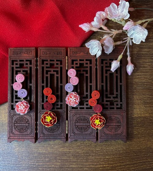 Tsumami髮花癲 (細工布花 x 中國風) 花紐/盤扣 牡丹 耳環/耳夾