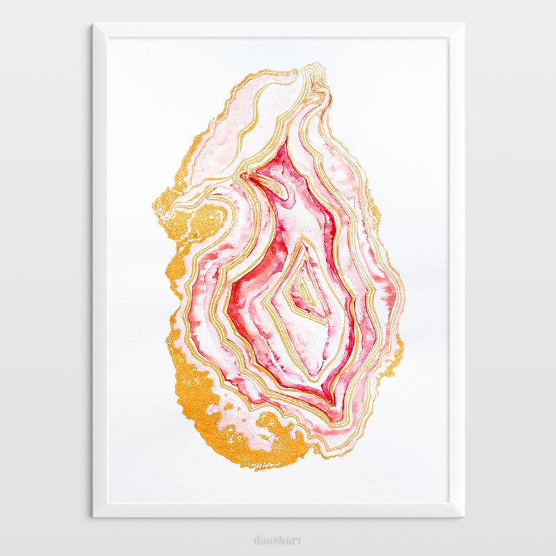 粉紅色 geode Linocut 打印水彩畫原創藝術品瑪瑙牆藝術 - 海報/掛畫/掛布 - 紙 粉紅色
