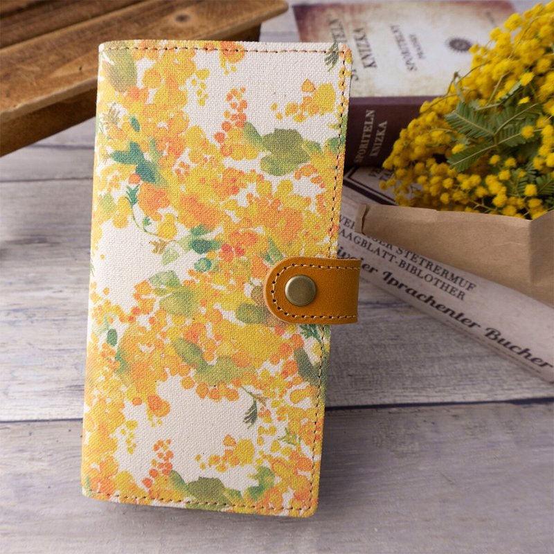 水彩風含羞草義大利皮革手帳型手機殼 倉敷帆布設計 AG01K - 手機殼/手機套 - 真皮 黃色