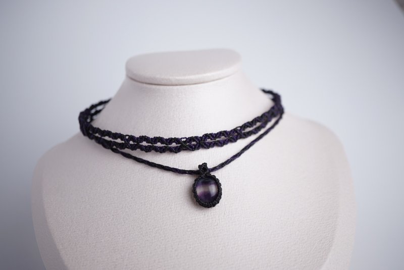 Fluorite wax thread braided neck cord collar - สร้อยติดคอ - เครื่องเพชรพลอย สีม่วง