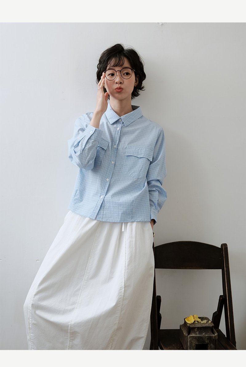 純棉藍色格子復古襯衫 - 女襯衫 - 棉．麻 多色