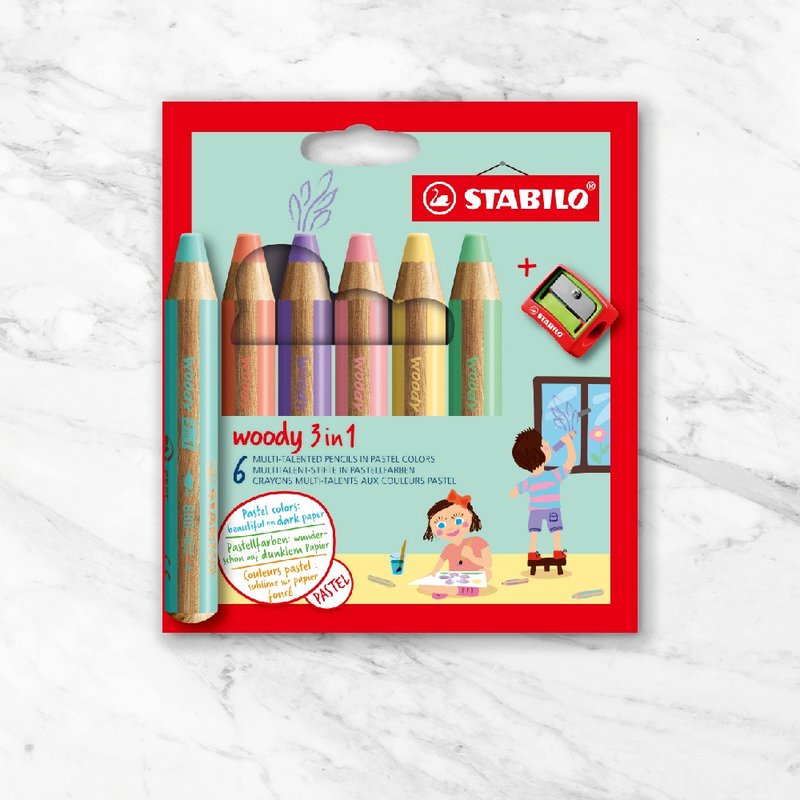 【stabilo】woody 3 in 1可水洗水彩粉臘筆馬卡龍6色紙盒組(原廠) - 其他 - 其他材質 多色