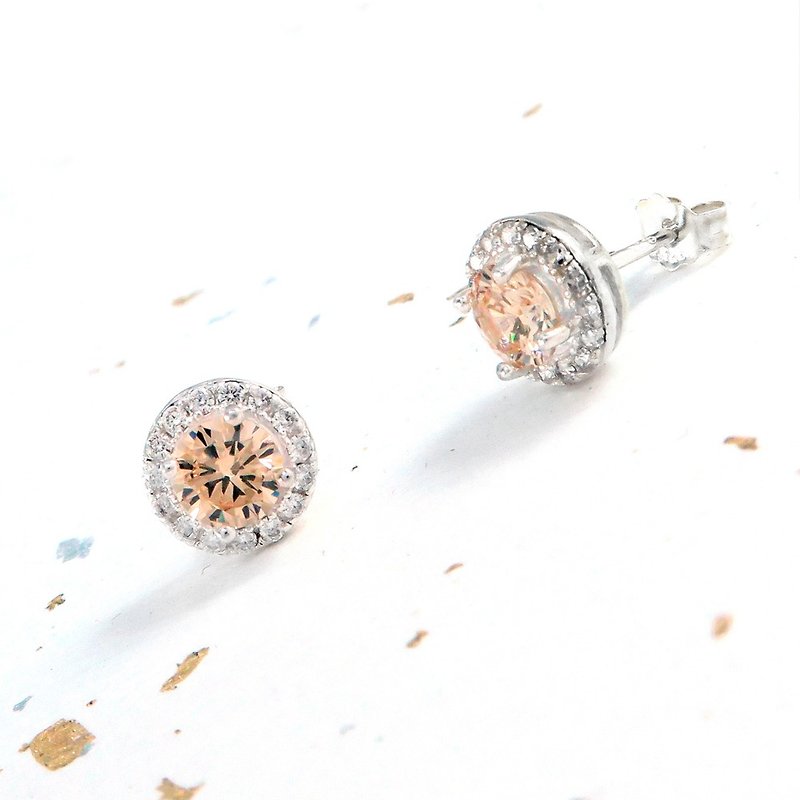 Single diamond gypsophila-champagne 925 sterling silver earrings 8mm (pair) - ต่างหู - เงินแท้ สีเงิน