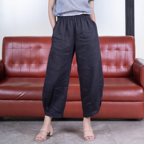Candith Natural Linen Balloon Pants with Button Details at the Leg - Black