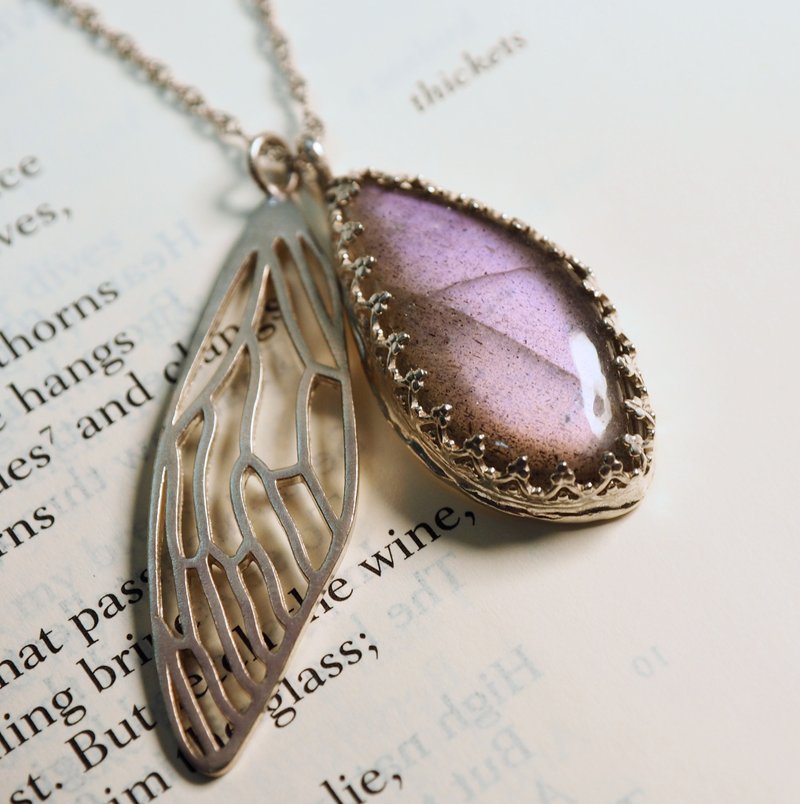 925 Silver Fairy Wings Labradorite Necklace - สร้อยคอ - เงินแท้ สีเงิน