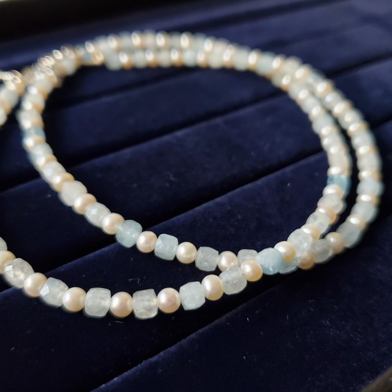 Pearl Aquamarine Necklace Mineral Necklace Birthday Gift - สร้อยคอ - เงิน สีน้ำเงิน