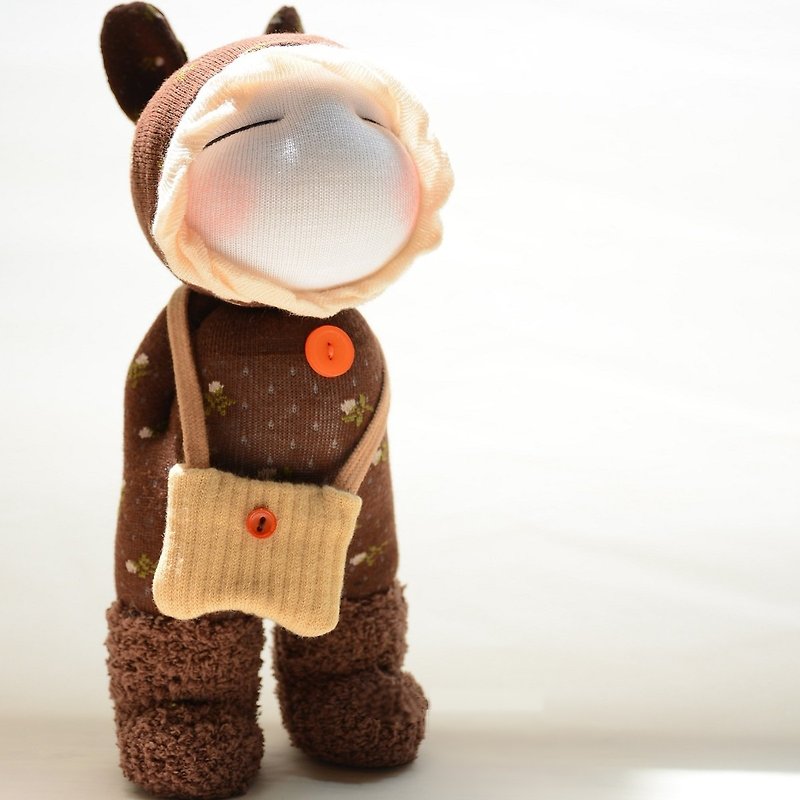 Fully hand-stitched natural style sock doll ~ girl in coffee bunny outfit + small backpack - travel doll - ตุ๊กตา - ผ้าฝ้าย/ผ้าลินิน สีนำ้ตาล